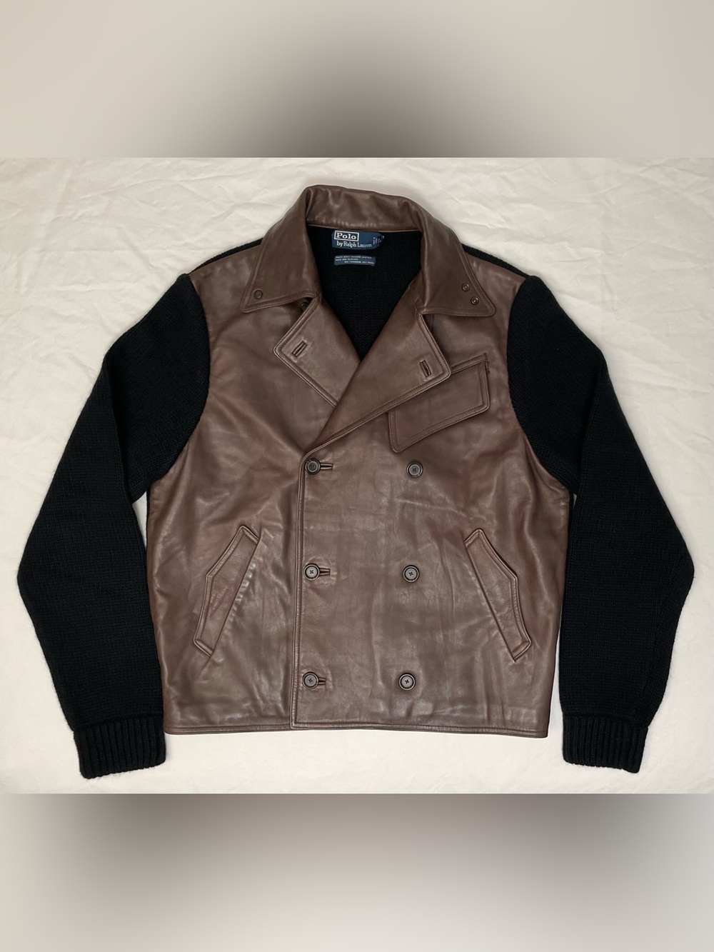 Polo by Ralph Lauren Brown Leather Jacket with Black Cashmere Wool Knit Sleeves